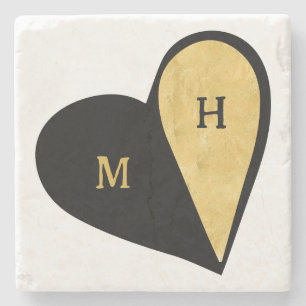 Romantische Monogramm für Schwarzes und Gold Herz Steinuntersetzer