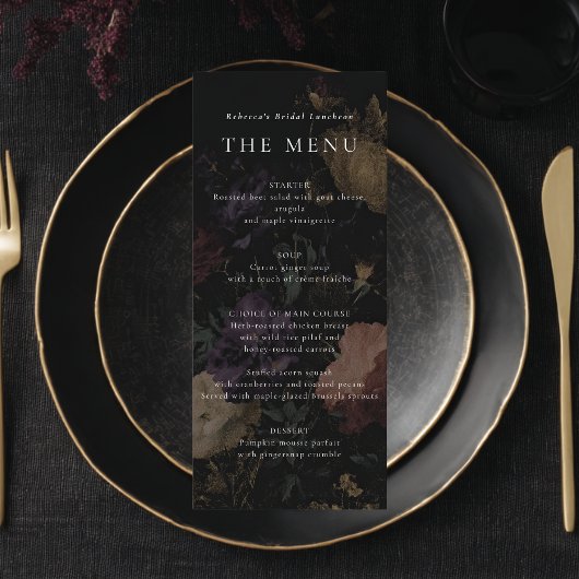 Romantische Moody Dark Blume Hochzeitsfeier Brautp Menükarte