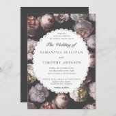 Romantische Moody Delicate Dark Black Floral Hochz Einladung (Vorne/Hinten)