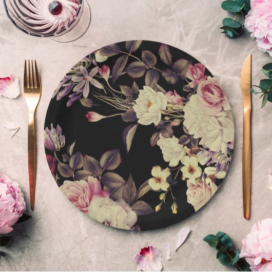 Romantische Moody Floral Wedding Black Pappteller
