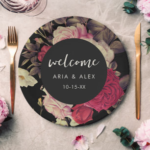 Romantische Moody Florale Hochzeit Name Datum Schw Pappteller