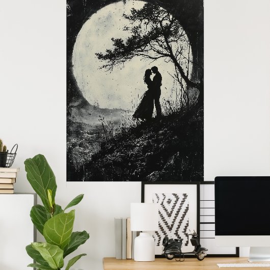 Romantische Moonlit Embrace - Kohlestil Poster (Heimbüro)