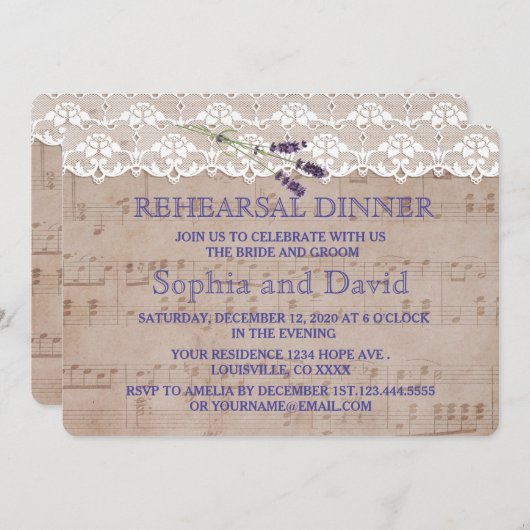 Romantische Musik Lavender Probe Abendessen einlad Einladung (Vorne/Hinten)