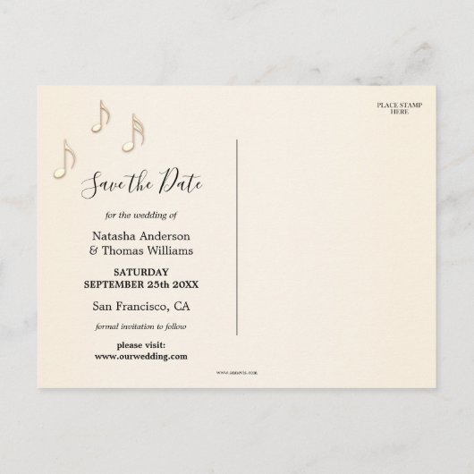 Romantische Musik Save the Date Postkarte (Rückseite)