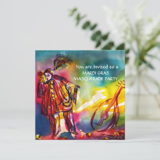 ROMANTISCHE MUSIKPIERROT UND ROSE Mardi Gras Einladung (Stehend Vorderseite)