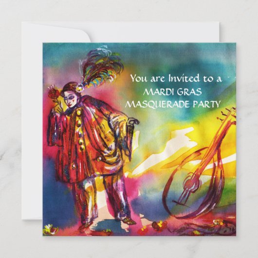 ROMANTISCHE MUSIKPIERROT UND ROSE Mardi Gras Einladung (Vorderseite)