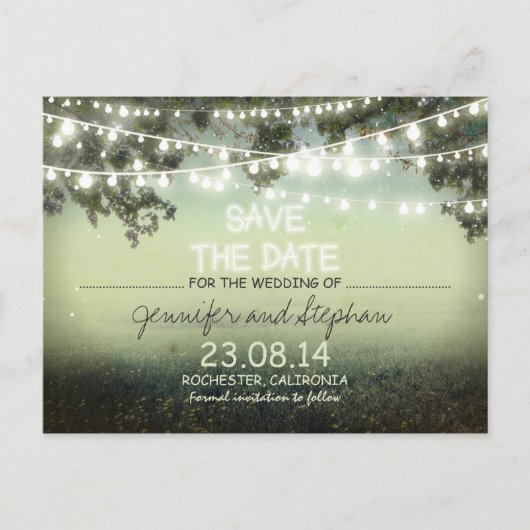 Romantische Nachtlichter modern Save the Date Ankündigungspostkarte (Vorderseite)