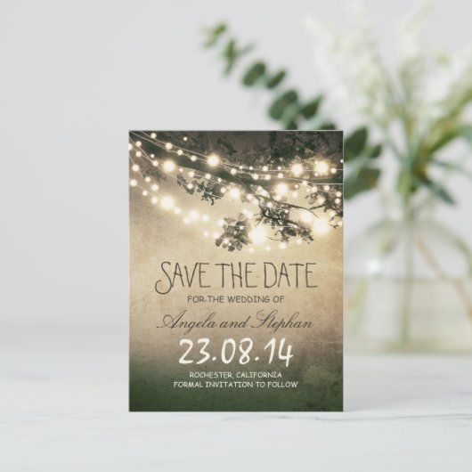 Romantische Nachtlichter rustikal Save the Date Ankündigungspostkarte (Stehend Vorderseite)