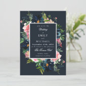 Romantische Navy Blauer Rosa Blüte Einladung (Stehend Vorderseite)
