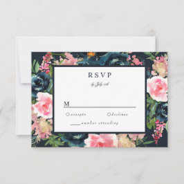 Romantische Navy Blue Blush Pink Floral RSVP Karte