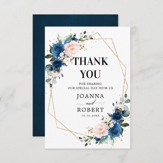 Romantische Navy Blue Blush Rose Dankeskarte (Vorne/Hinten)