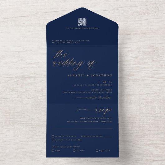 Romantische Navy Blue Gold Delicate Script Hochzei All In One Einladung (Innen Boden)