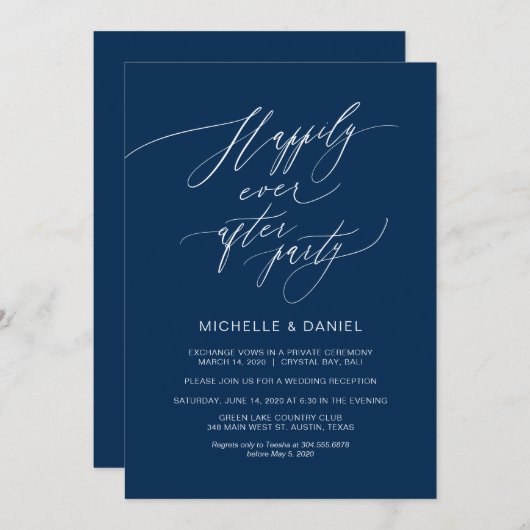 Romantische Navy Blue Script, Hochzeitsfeier Einladung (Vorne/Hinten)