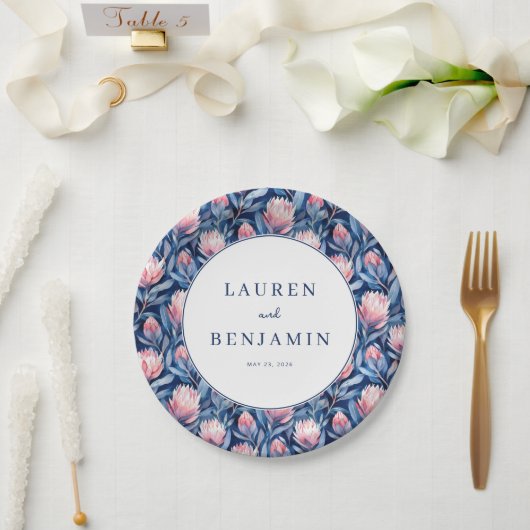 Romantische Navy-Blumen-Wasserfarbe Pappteller (Hochzeit)