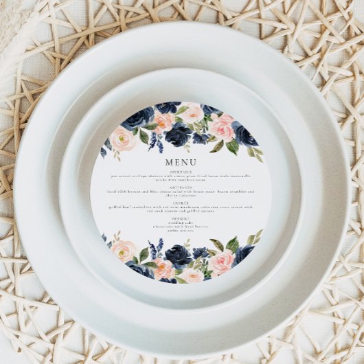 Romantische Navy Blush Floral Circle Dinner Menü K Einladung