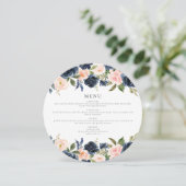 Romantische Navy Blush Floral Circle Dinner Menü K Einladung (Stehend Vorderseite)