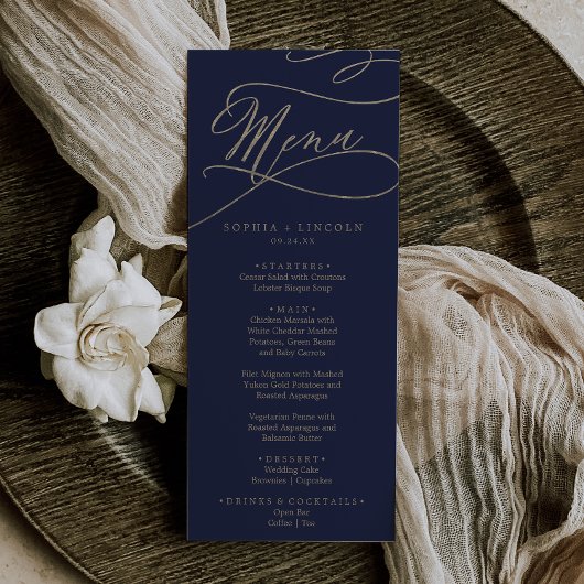 Romantische Navy Calligraphy Wedding Dinner Menu Menükarte