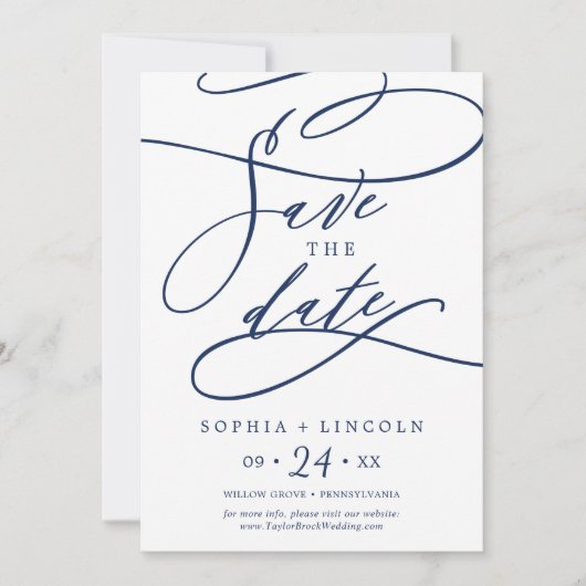 Romantische Navy-Kalligraphie | GEBLÜHT Save The Date (Vorderseite)