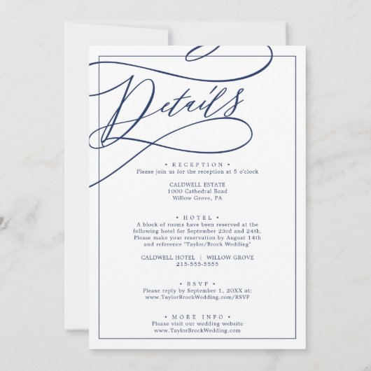 Romantische Navy-Kalligraphie-Rahmen in einer Hoch Einladung (Rückseite)