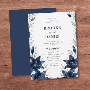 Romantische Navy-Lilie Silber Botanische Hochzeit Einladung