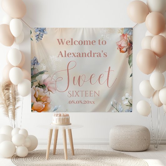 Romantische Navy Pastel Wildblumen Sweet 16 Banner
