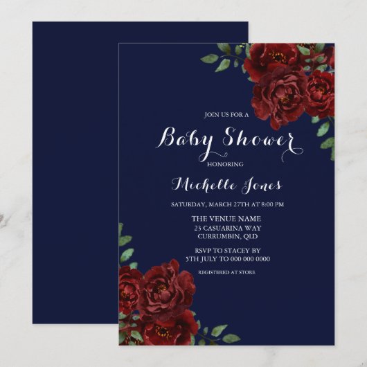 Romantische Navy & Rote Rose Floral Baby Dusche Einladung (Vorne/Hinten)