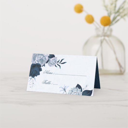 Romantische Navy und staubige blaue Blumen Platzkarte (Vorderseite)
