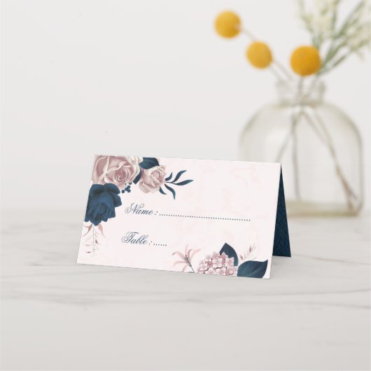 Romantische Navy und staubige Rose Blume Platzkarte (Vorderseite)
