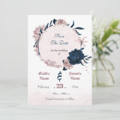 Romantische Navy und staubige Rose Blume Save The Date (Stehend Vorderseite)