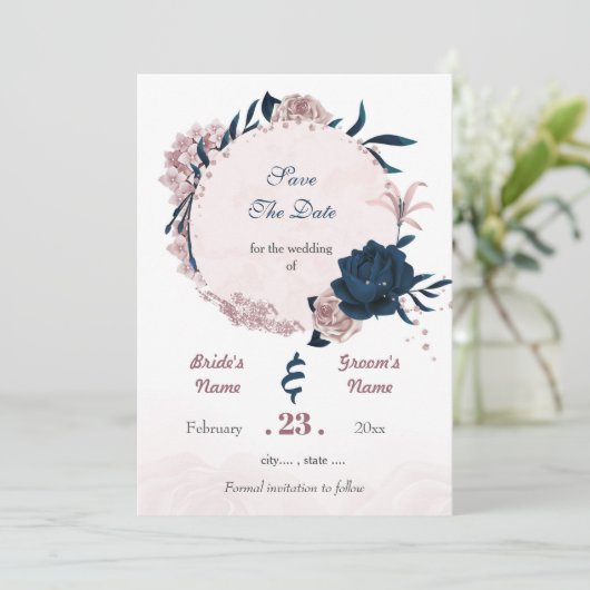 Romantische Navy und staubige Rose Blume Save The Date (Stehend Vorderseite)
