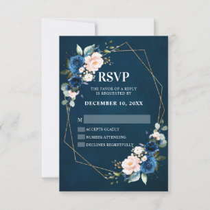 Romantische Navyblau-Rosa-Blumen-Geometrie RSVP Karte