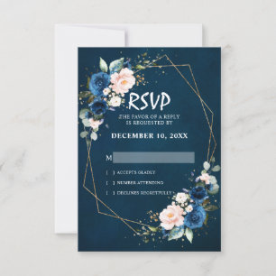 Romantische Navyblaue Rosa Florale Geometrie RSVP Karte