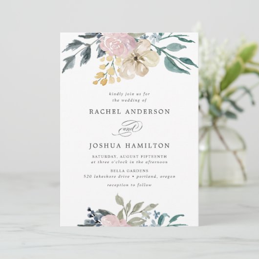 Romantische neutrale Blütenfarbe | Hochzeit Einladung (Stehend Vorderseite)