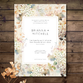 Romantische neutrale Vintage Hydrangeas-Hochzeit Einladung