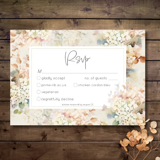 Romantische neutrale Vintage Hydrangeas Hochzeitse RSVP Karte
