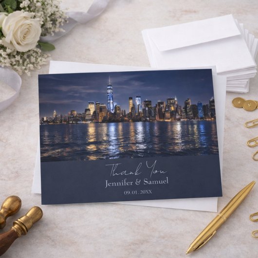 Romantische NYC-Skyline-Hochzeits-Dankeskarten