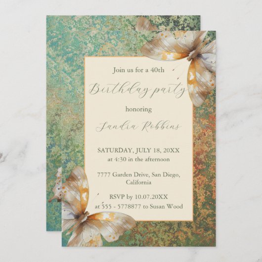 Romantische Orange- und grüne Schmetterlinge zum G Einladung (Vorne/Hinten)