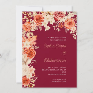 Romantische orange und weiße Rosen Burgunder Hochz Einladung