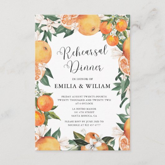 Romantische Orangen Probe Abendessen Begleitkarte (Vorderseite)