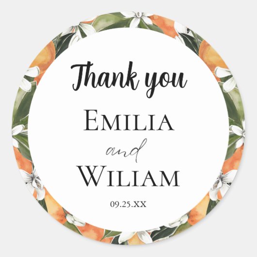 Romantische Orangen-Zitrushochzeit Runder Aufkleber (Vorderseite)