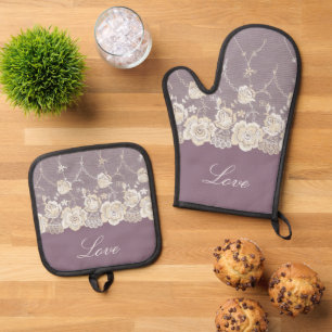 Romantische Orchidee Lila Blumenliebe Ofenhandschuh & Topflappen-Set