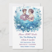 Romantische Ozeanwelle Lila Blaue Meeresmuscheln Save The Date (Vorderseite)
