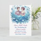 Romantische Ozeanwelle Lila Blaue Meeresmuscheln Save The Date (Stehend Vorderseite)