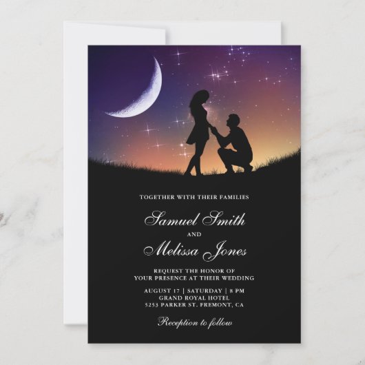 Romantische Paare Crescent Moon and Stars Wedding Einladung (Vorderseite)