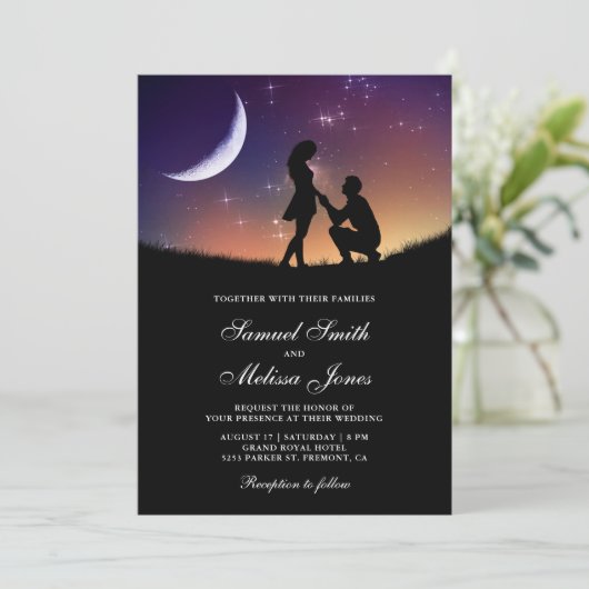 Romantische Paare Crescent Moon and Stars Wedding Einladung (Stehend Vorderseite)