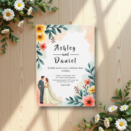 Romantische paarfarbene Sommerhochzeit Einladung