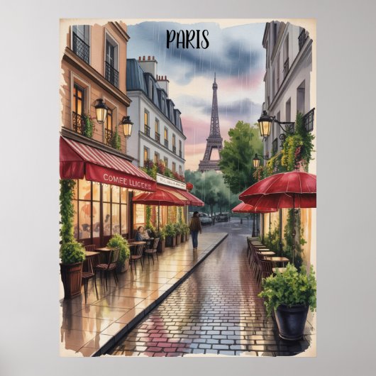 Romantische Pariser Straße Eiffelturm Aquarell Poster (Vorne)