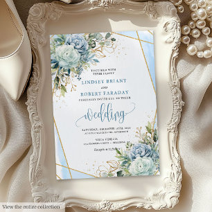 Romantische Pastel Blue Gold Blume Hochzeit Einlad Einladung