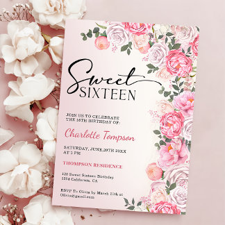Romantische Pastel Rose Blumensüß 16 Geburtstag Einladung