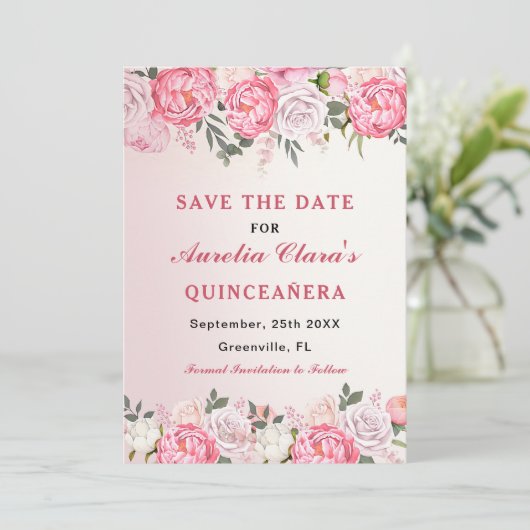 Romantische Pastel-Rose Blumensüß 16 Save The Date (Stehend Vorderseite)